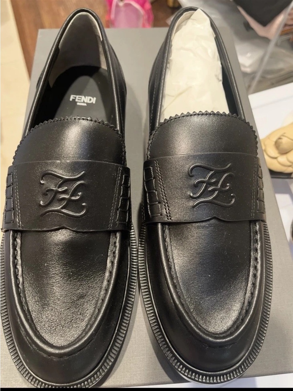 Fendi Black Leather Embossed Logo Penny Loafers 38.5